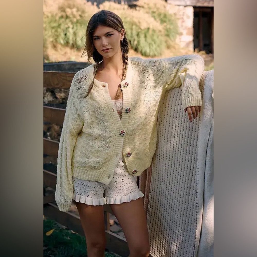 Lyrebird/Anthropologie Novelty Button Cardigan Sweater in Yellow/Cream XS. NWT